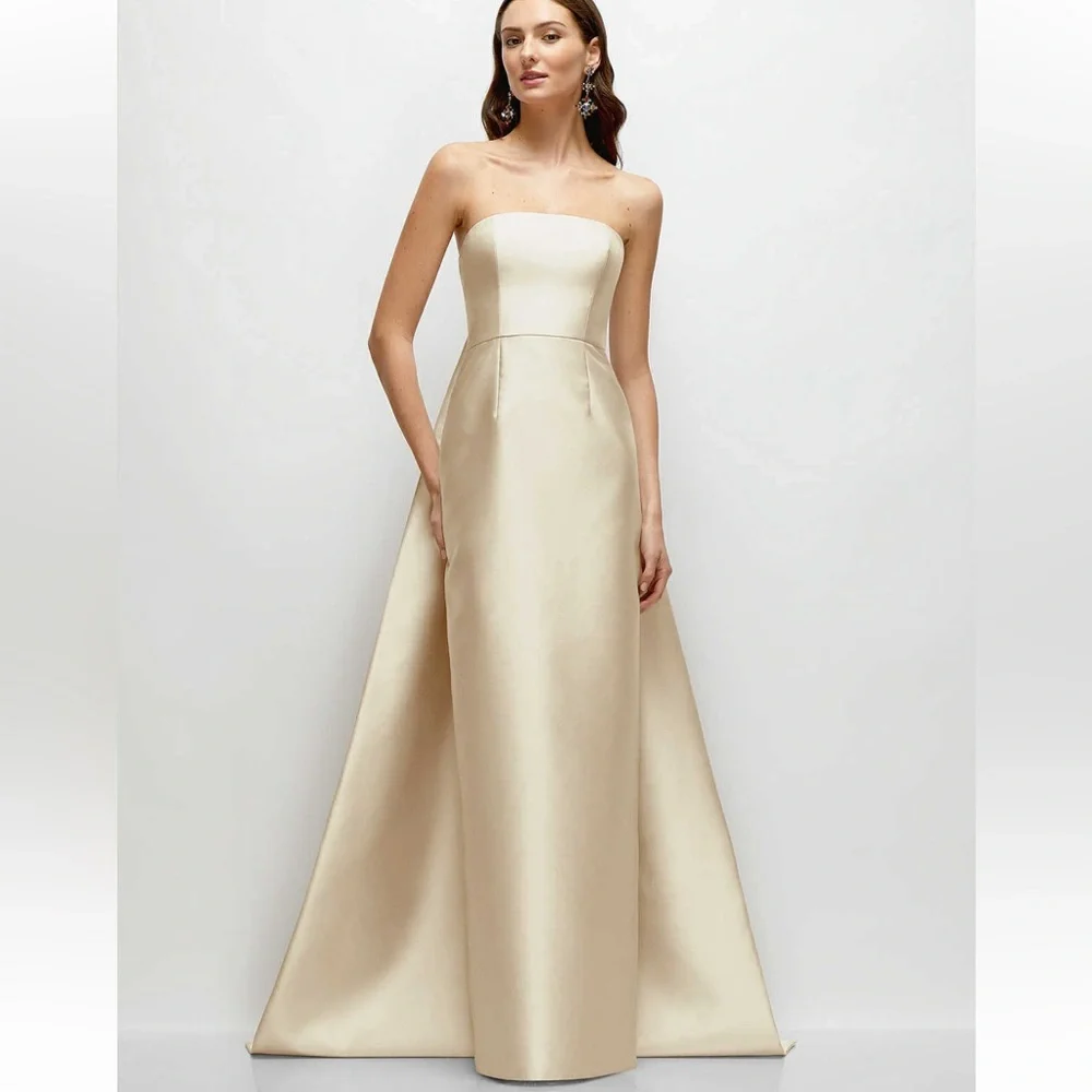 ALFRED SUNG Strapless Satin Maxi Gown in Champagne - Picture 2 of 10